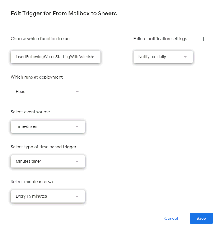 Google Apps Script from WordPress via Gmail to Google Sheets